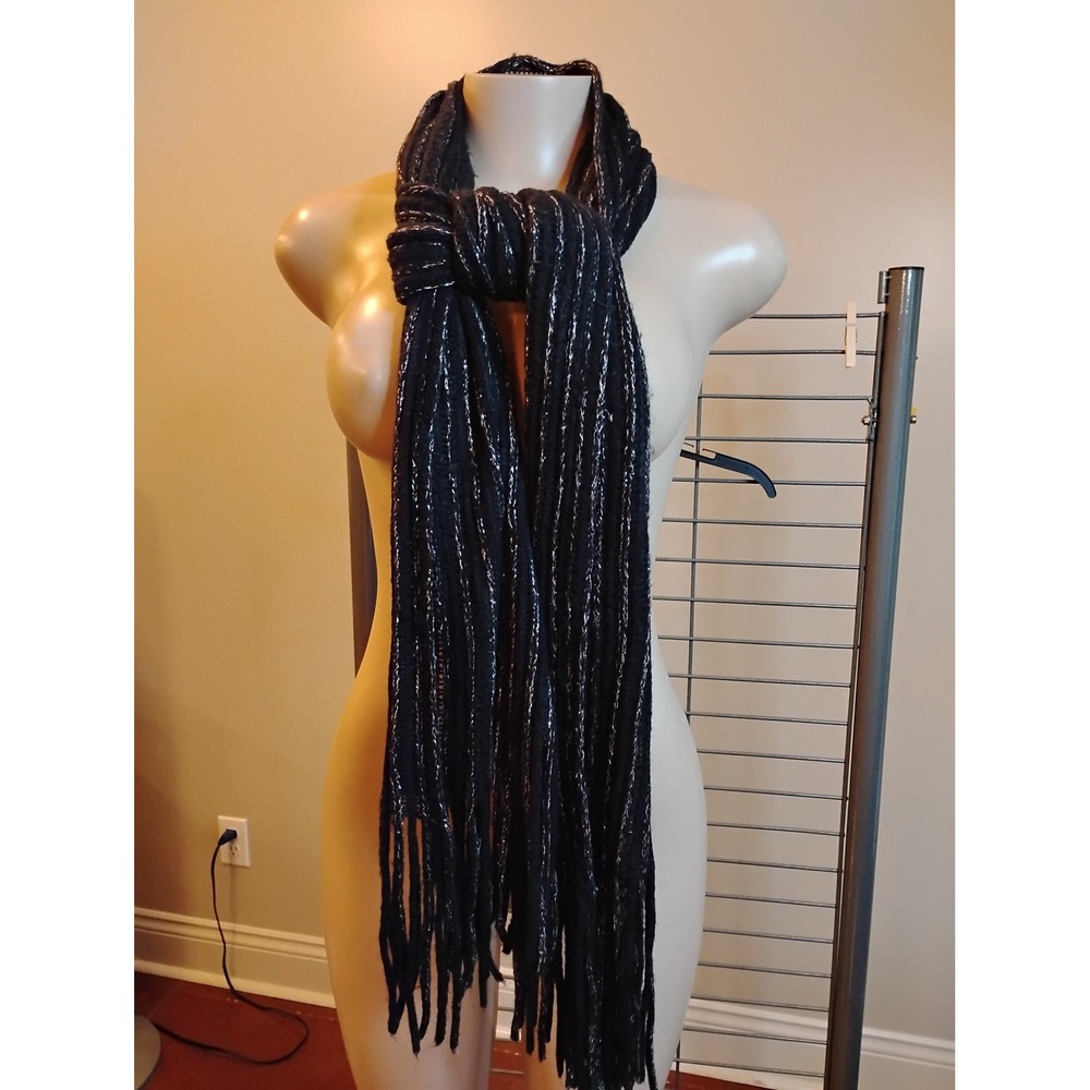 Black Knit Scarf Silver Metallic Pinstripe Fringe Trim Winter Wrap 72x10